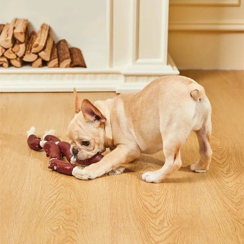 A durable cotton rope and vinyl sausage chew toy for pets, designed to provide interactive play and promote dental health.