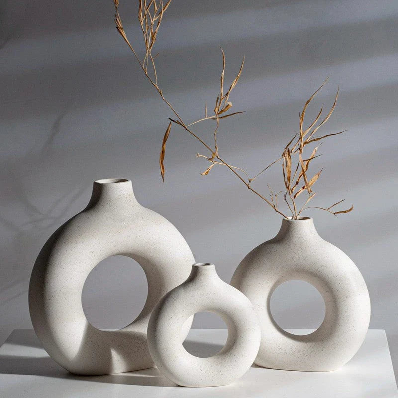Circular Hollow Ceramic Vase in a minimalist, Nordic-inspired design for elegant home decor