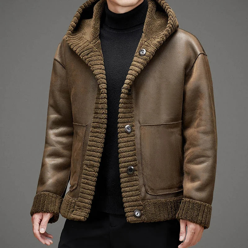 Premium double-sided cashmere hooded jacket with luxurious faux fur lining, perfect for British winter weather