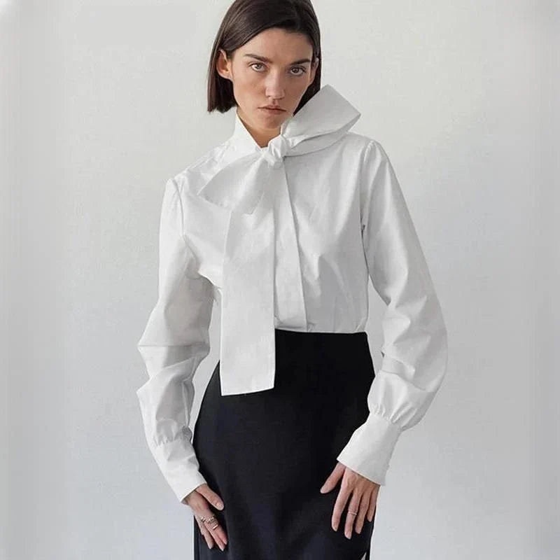 Elegant lace bow blouse for women, featuring a high collar, single-breasted closure, and full sleeves for a refined, versatile look.