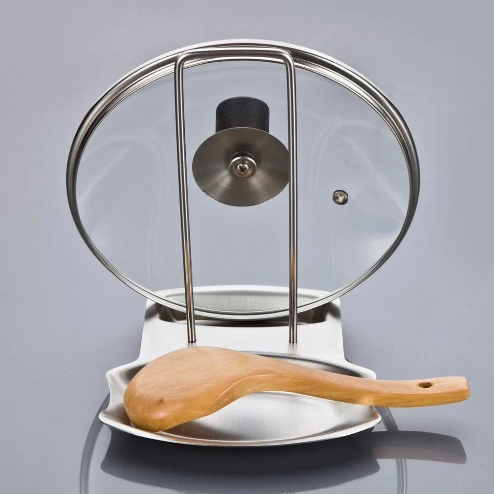 Premium stainless steel cooking utensils and pan lid rack for organised and elegant kitchen storage