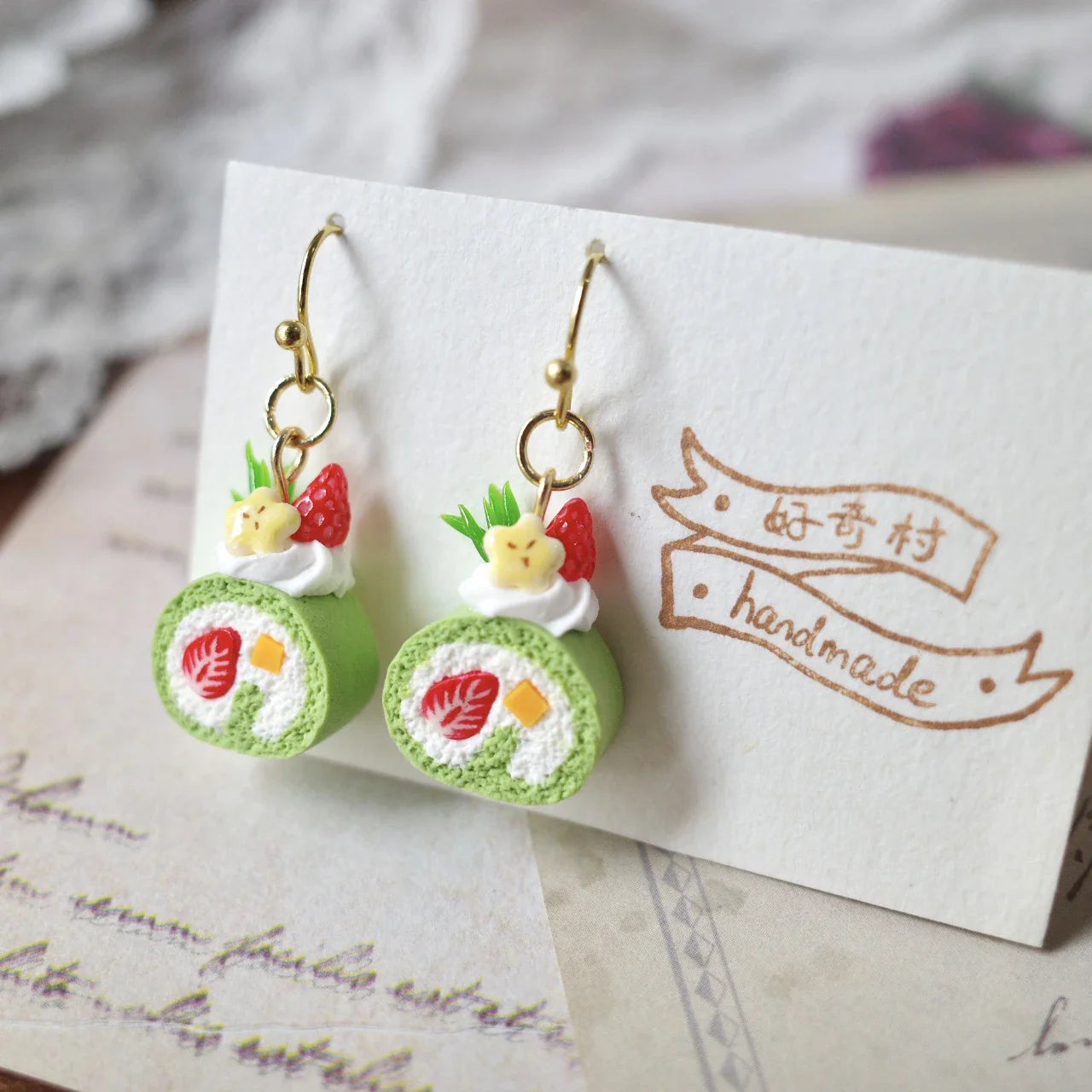 Handcrafted dessert-inspired earrings in copper color, featuring unique cookie, cake, and snack designs