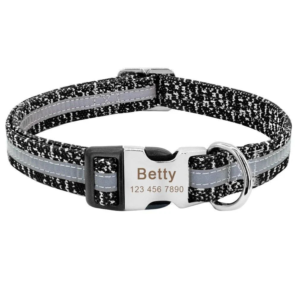A stylish and reflective dog collar made from high-quality nylon material for enhanced visibility and safety.