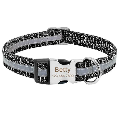 A stylish and reflective dog collar made from high-quality nylon material for enhanced visibility and safety.