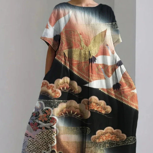 A stylish 3D floral short sleeve dress with a vibrant pattern of flowers on a black background