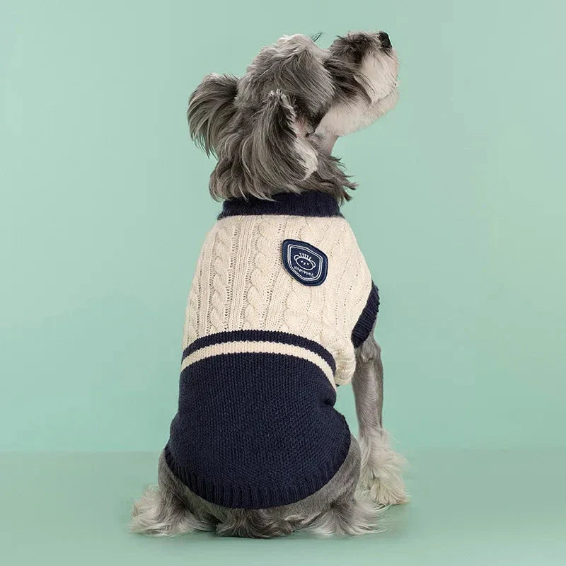 College-style pet dog sweater in green, red, and blue colours, designed for small and medium-sized dogs