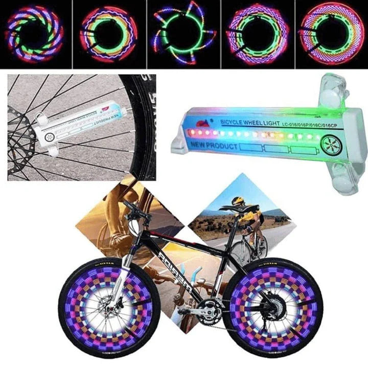 Bicycle Wheel Flashing Light with 32 LED lights in red, blue, and green colours that create a mesmerizing light show