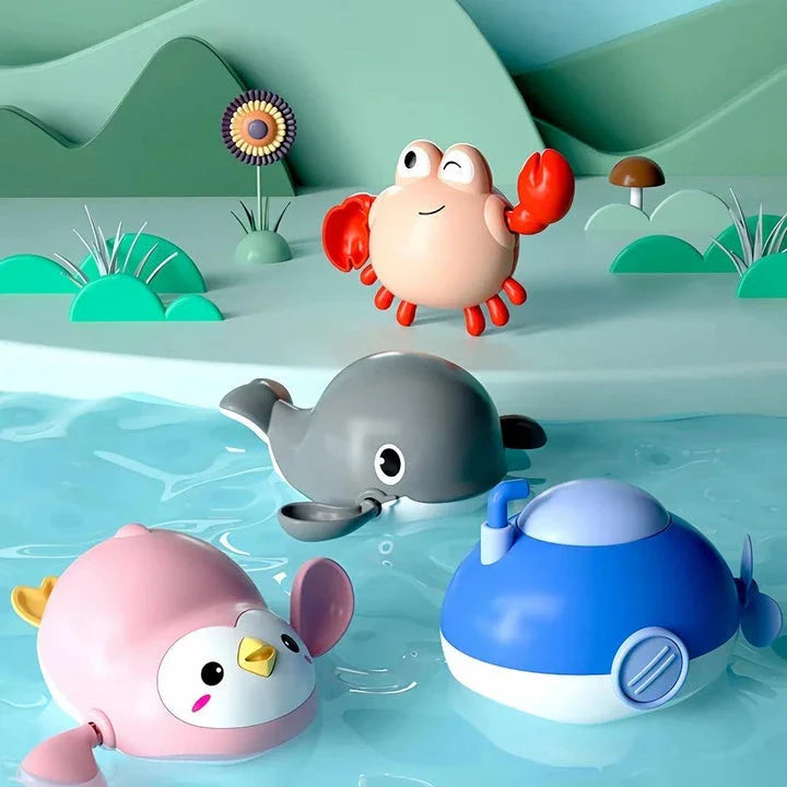 Delightful wind-up bath toys in a red turtle design, floating and moving in the water, providing fun and engaging playtime for children.