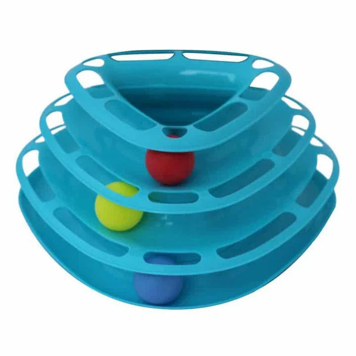 A yellow cat pyramid toy with colourful balls that encourages natural play and exploration for feline friends