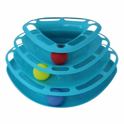 A yellow cat pyramid toy with colourful balls that encourages natural play and exploration for feline friends