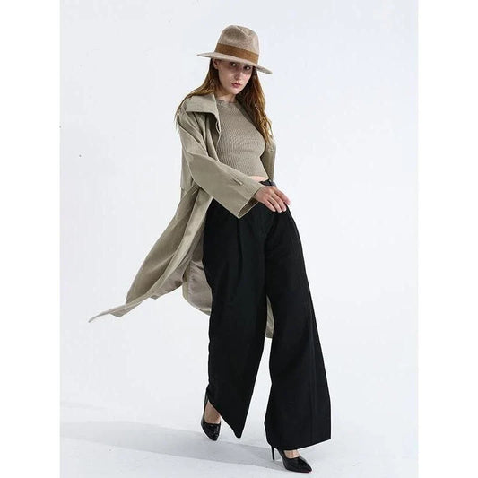 Elegant autumn long trench coat with stand collar and waist bandage in solid pattern and sleek design