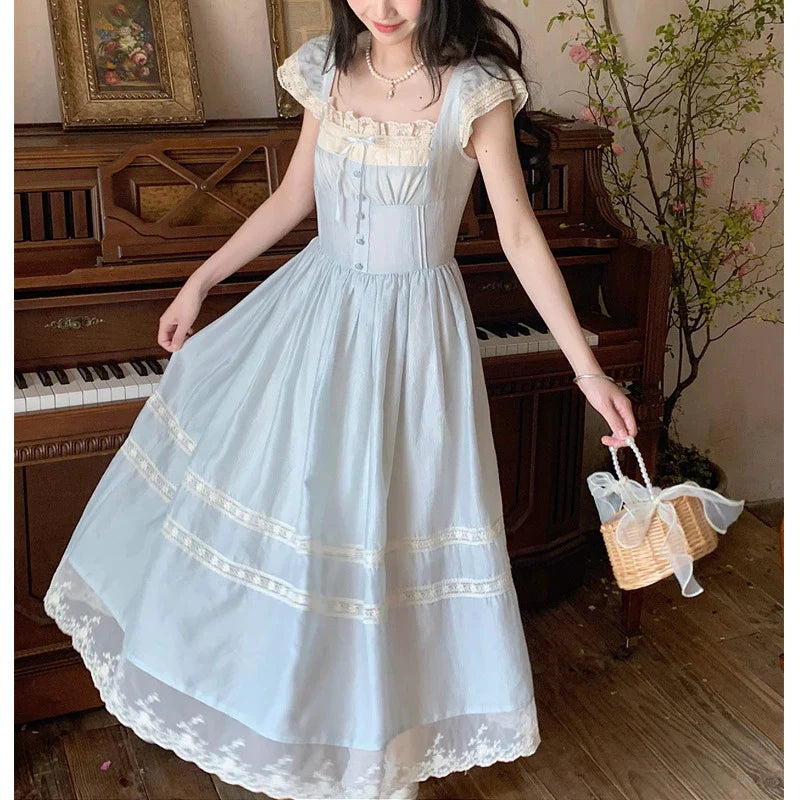 Elegant lace bow blue long dress for stylish ladies, featuring a high-waisted design and sleeveless silhouette for a sophisticated formal look.