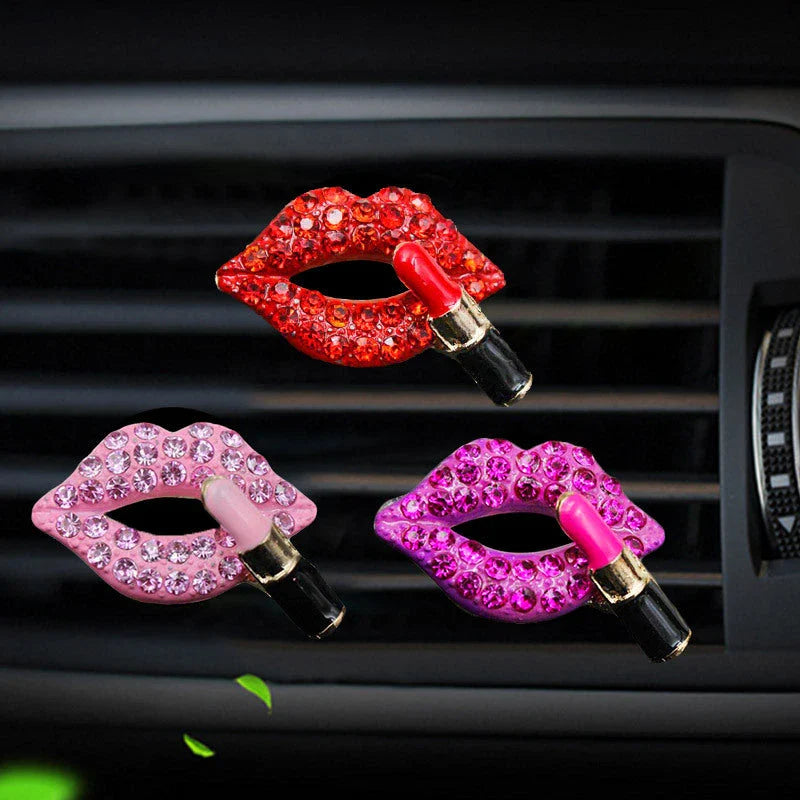 Dazzling diamond-studded lips car air freshener with a stylish rhinestone design and lemon scent
