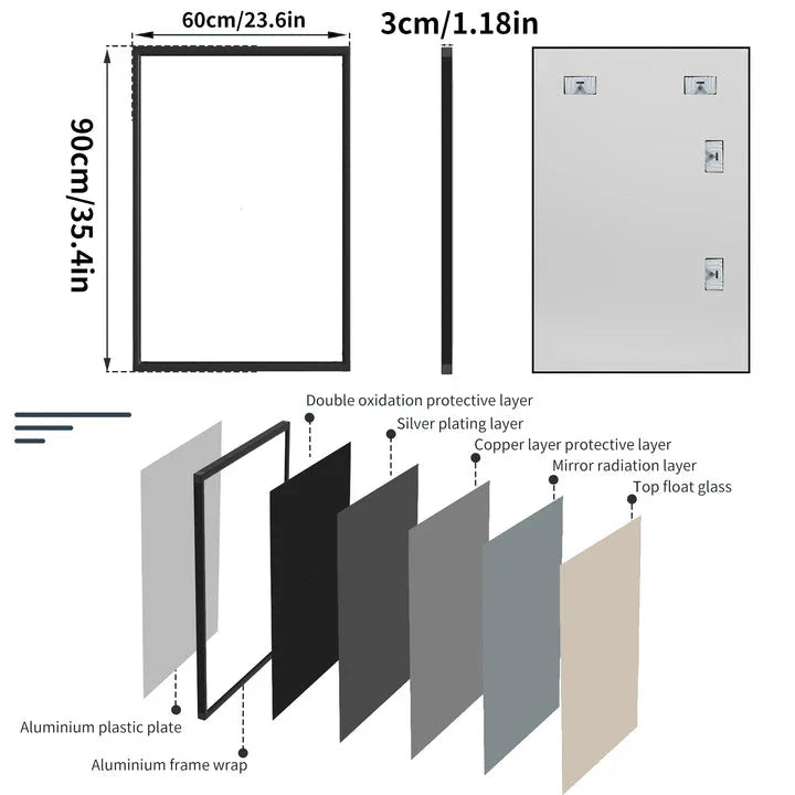Sophisticated black metal framed wall mirror with rounded corners, reflecting a bright and spacious room