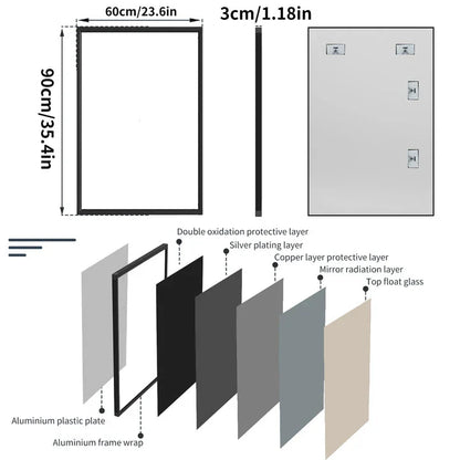 Sophisticated black metal framed wall mirror with rounded corners, reflecting a bright and spacious room