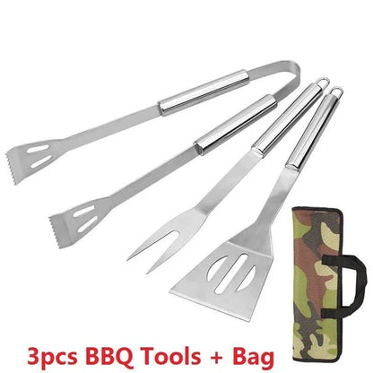 Premium Stainless Steel BBQ Tool Set with Fork, Tongs, and Shovel - Durable, Heat Resistant, and Easy to Clean