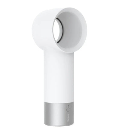 Compact, cordless, and bladeless fan with a sleek, white design and a powerful 900mAh battery for portable cooling.