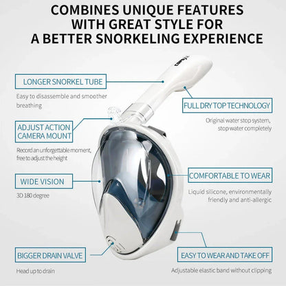 Premium full face anti-fog snorkel mask with wide 180-degree viewing and adjustable camera mount