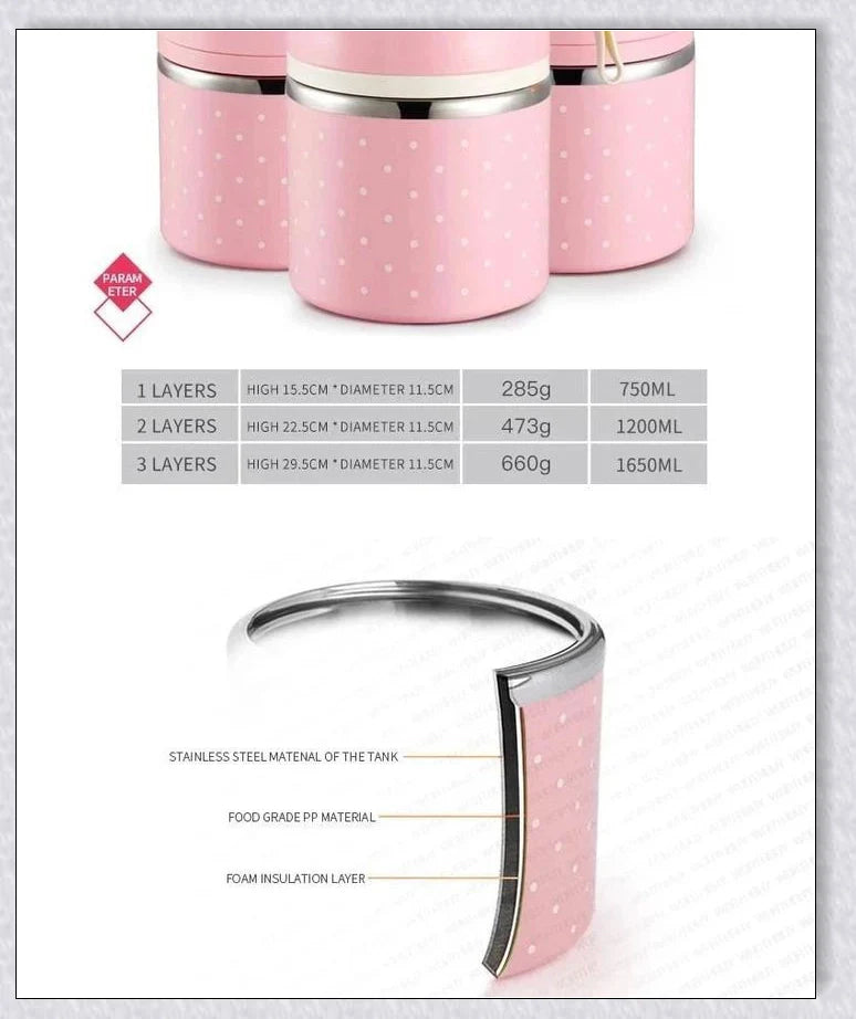 Insulated Hot Food Thermos Lunchbox Tower with multi-layer design and choice of green, pink, blue, or gray colour
