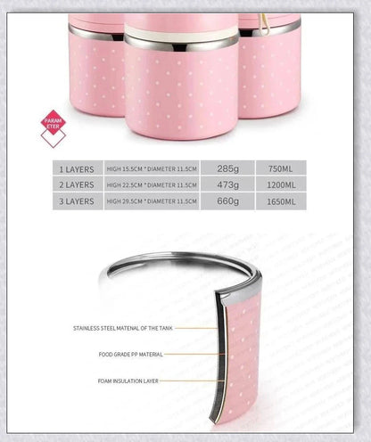 Insulated Hot Food Thermos Lunchbox Tower with multi-layer design and choice of green, pink, blue, or gray colour