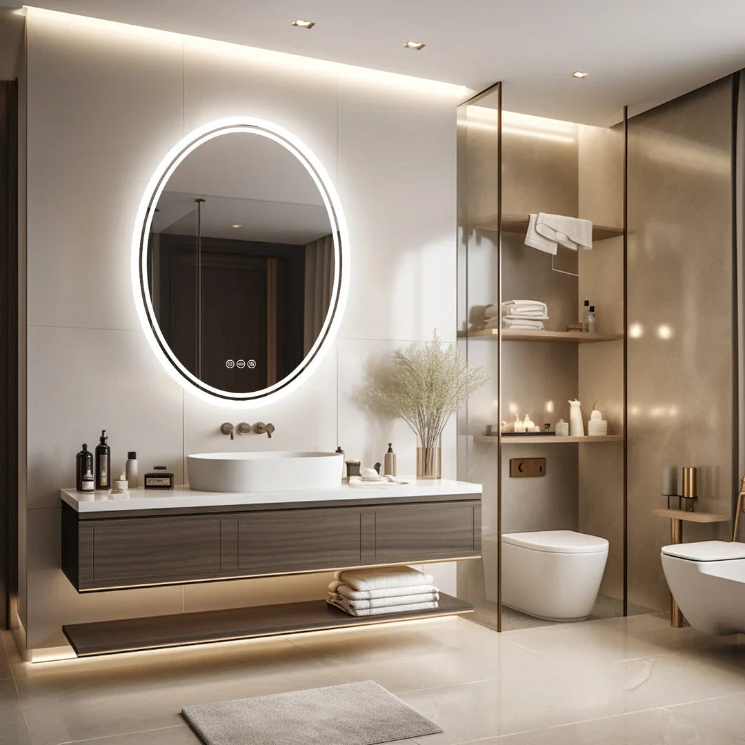 Elegant LED backlit round vanity mirror with adjustable warm, natural white, and bright white lighting settings
