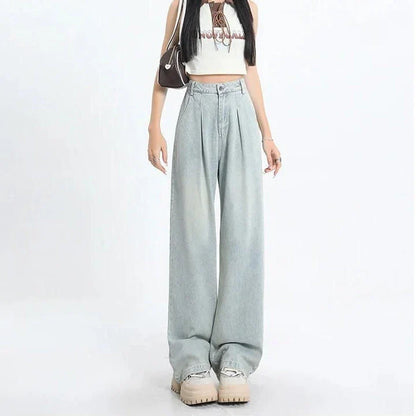 Premium high-waisted vintage straight leg women's jeans in a light wash finish with decorative details