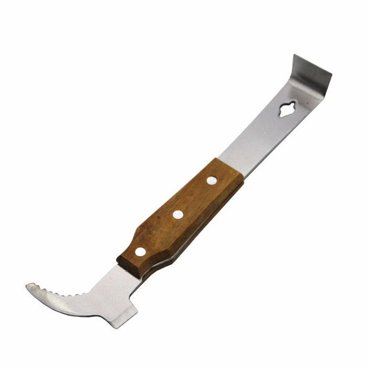 Stainless steel honey scraper with wooden handle, a versatile tool for beekeepers in the UK