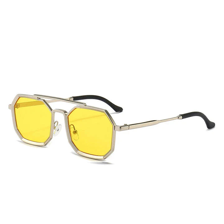 Stylish polygonal double bridge sunglasses with metal frames and mirror-coated lenses for men and women