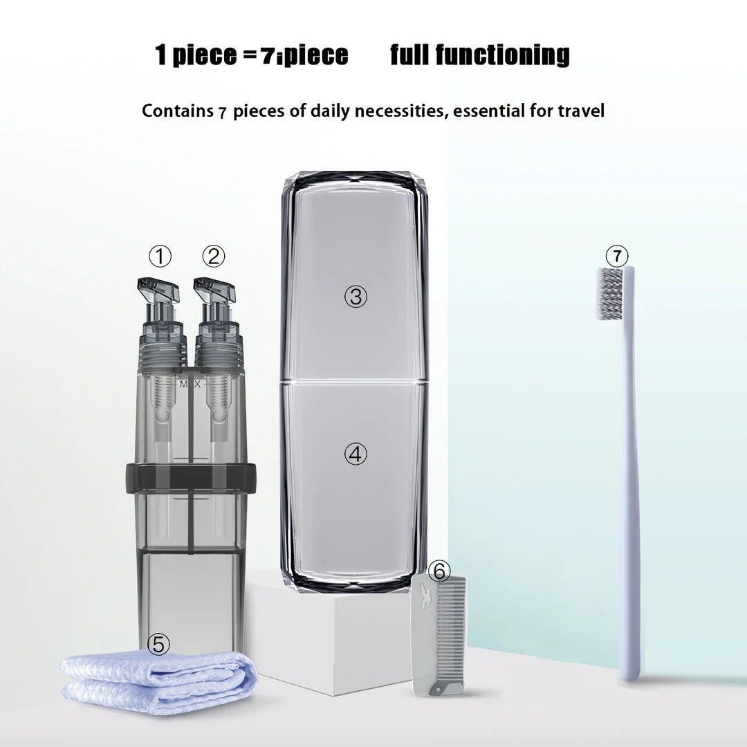 Premium Travel Toothbrush and Toiletry Organiser Set with separate compartments, leak-proof cups, and accessories