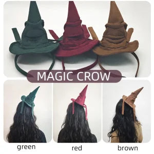 Sortband Halloween Witch Hat Headband in red, green, and brown colours with a detachable witch hat design