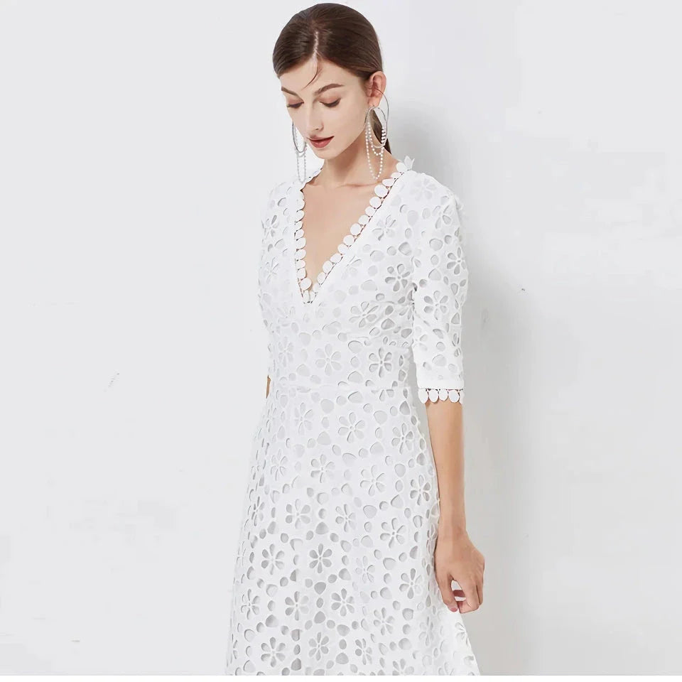 Elegant V-Neck Lace Midi Dress in white with a sophisticated silhouette and stylish details