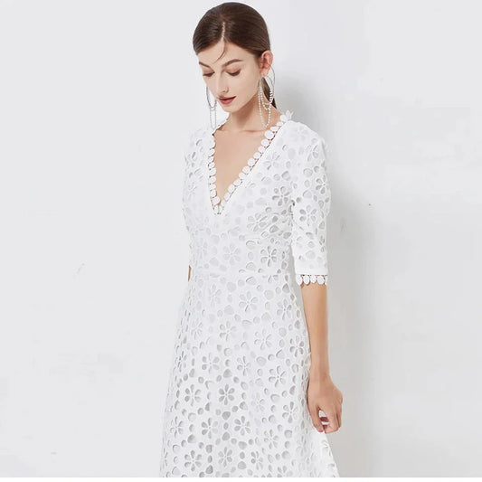 Elegant V-Neck Lace Midi Dress in white with a sophisticated silhouette and stylish details
