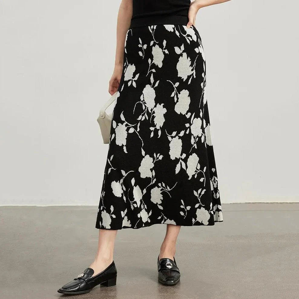 Elegant floral jacquard knit skirt in a mid-calf length with a flattering A-line silhouette