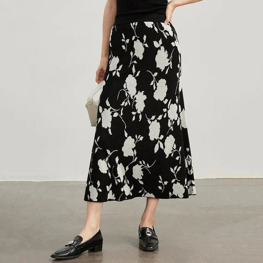 Elegant floral jacquard knit skirt in a mid-calf length with a flattering A-line silhouette