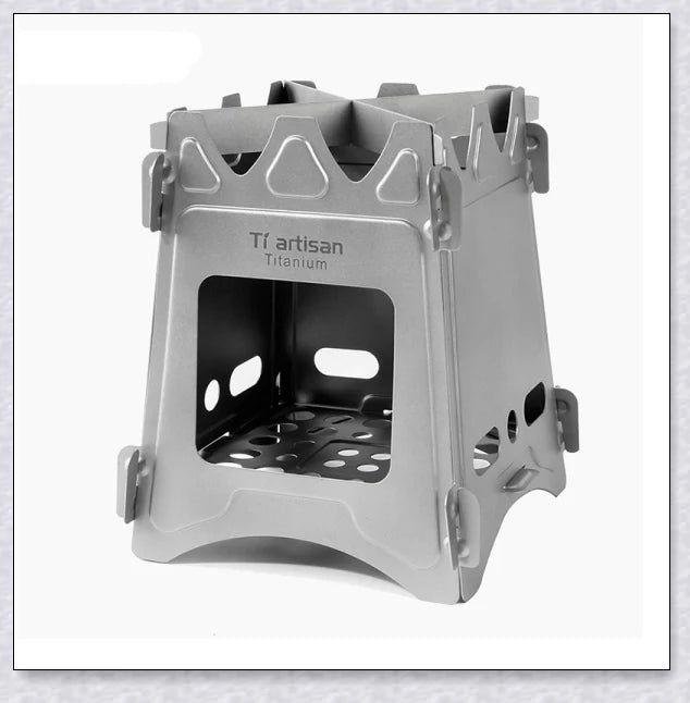 Compact titanium wood-burning camping stove with a folding design and carrying case for easy transport and storage