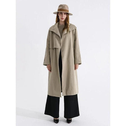 Elegant autumn long trench coat with stand collar and waist bandage in solid pattern and sleek design