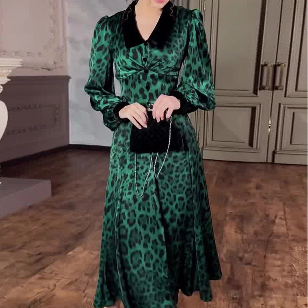 A stylish leopard print dress with a waist-trimming design, perfect for adding a touch of feline fierceness to your wardrobe.