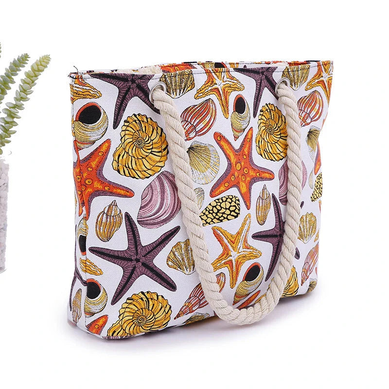 Stylish canvas beach tote bag with Shells Conch print design, perfect for summer adventures