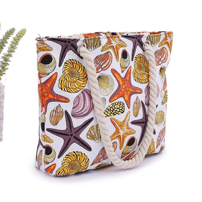 Stylish canvas beach tote bag with Shells Conch print design, perfect for summer adventures