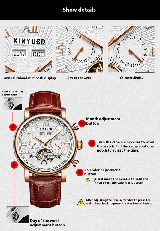 Automatic mechanical watch with genuine leather strap, featuring a stylish hollow-out dial design
