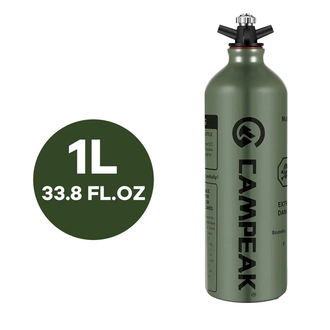 Portable aluminium liquid fuel storage bottle with safety cap and venting pipe, perfect for camping, hiking, and outdoor adventures