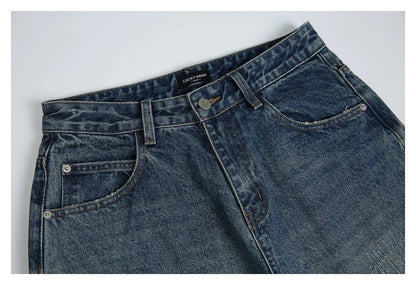 Autumn New Retro Loose Jeans in dark blue colour with straight-leg silhouette and premium cotton fabric