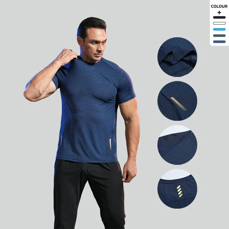 Men's summer sports t-shirt in black, white, grey, navy, and lake blue colours with quick-drying, breathable, and UV-protective features