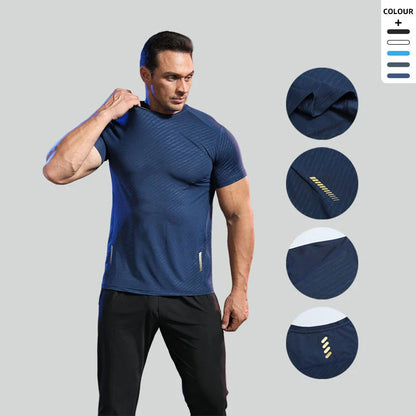 Men's summer sports t-shirt in black, white, grey, navy, and lake blue colours with quick-drying, breathable, and UV-protective features