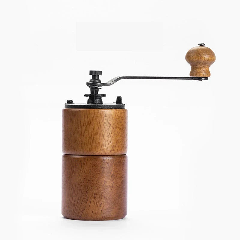 Elegant wooden manual coffee grinder with premium steel conical burr for consistent, flawless grinding