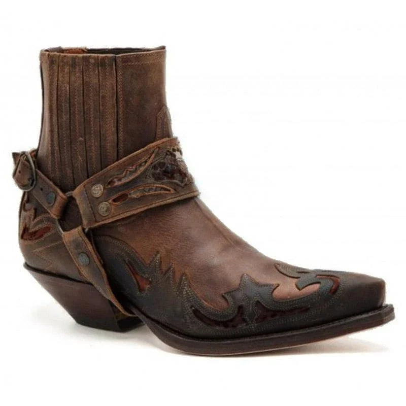 Premium quality men's mid-heel pointed toe knight boots in black, coffee, brown, and reddish brown colours