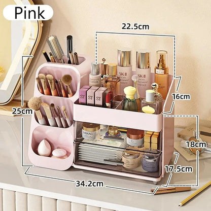 A large makeup organizer with a rotating brush holder and divided tray for storing cosmetics, skincare products, and beauty tools.