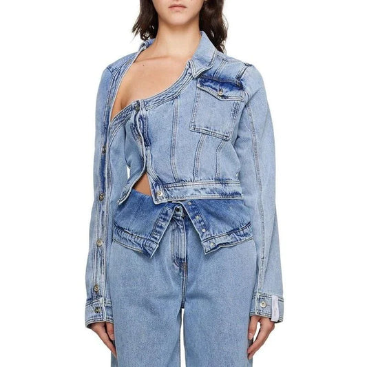 Stylish patchwork denim jacket with unique design and irregular hem, perfect for spring and summer in the UK