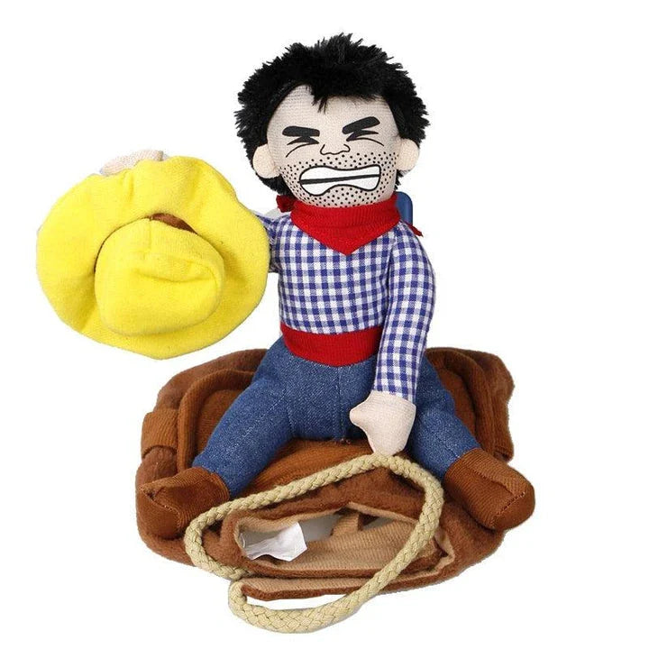 Adorable pup wearing a dashing cowboy-inspired costume with a hat and vest, ready to bring some Wild West style to your home