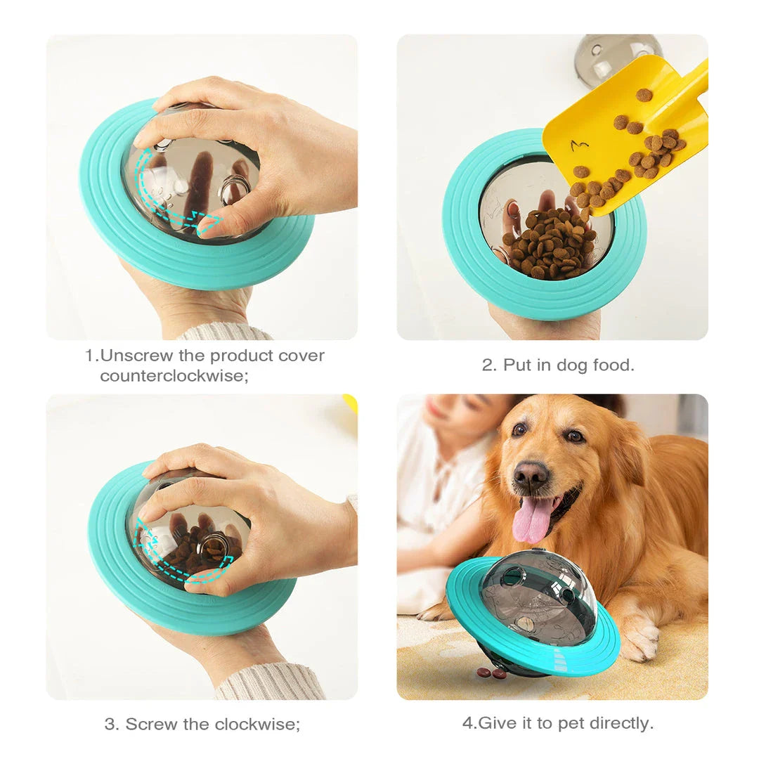 Dog playing with the interactive Dog Planet Treat Toy, a durable and engaging puzzle toy that stimulates a dog's cognitive abilities.